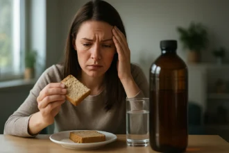 Žena s úzkosťou pri jedení chleba a pohári vody, vedľa fľaša