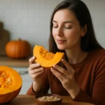 Žena drží kúsok tekvice, objavuje jej zdravotné výhody.