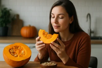 Žena drží kúsok tekvice, objavuje jej zdravotné výhody.