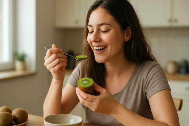 Žena si vychutnáva kivi na raňajky, bohaté na vitamíny a antioxidanty.