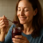 Žena si vychutnáva Flavon džem plný antioxidantov