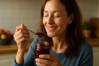 Žena si vychutnáva Flavon džem plný antioxidantov