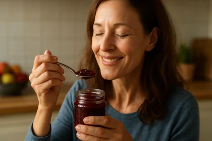 Žena si vychutnáva Flavon džem plný antioxidantov