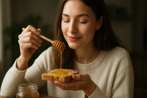 Žena si vychutnáva chlieb s medom, prírodným sladidlom plným výhod.