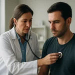 Doktor používa stetoskop na vyšetrenie pacienta v ordinácii