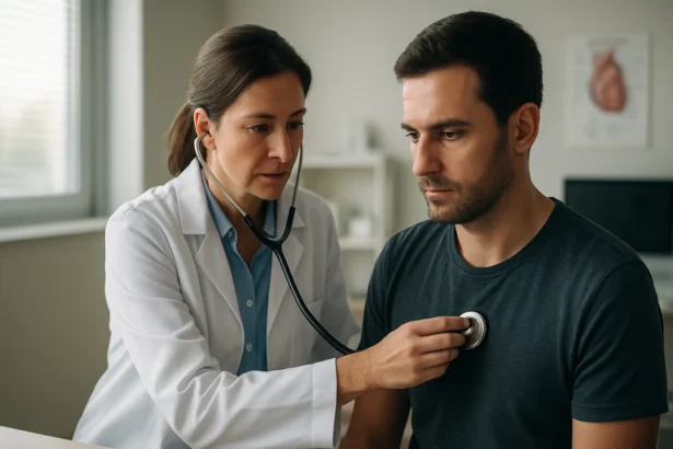 Doktor používa stetoskop na vyšetrenie pacienta v ordinácii