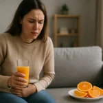 Žena s menštruačnými bolesťami drží pohár pomarančového džúsu.