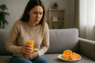 Žena s menštruačnými bolesťami drží pohár pomarančového džúsu.