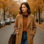 Módny outfit na jeseň: žena v hnedom kabáte a svetri.
