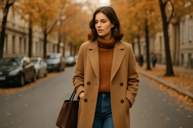 Módny outfit na jeseň: žena v hnedom kabáte a svetri.