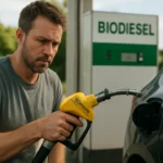Muž tankujúci bionaftu na čerpacej stanici.
