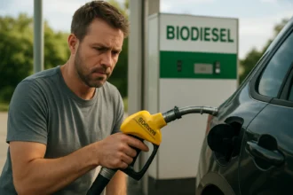 Muž tankujúci bionaftu na čerpacej stanici.