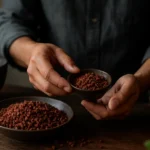 Sečuánske korenie v miske a na drevenom stole.