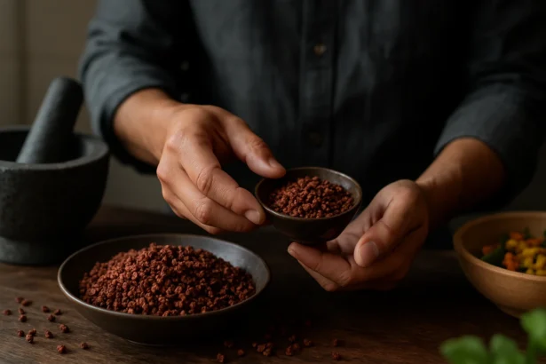 Sečuánske korenie v miske a na drevenom stole.