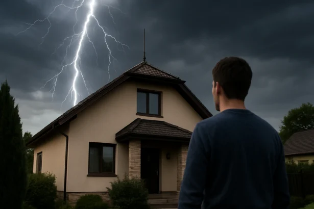 Muž sledujúci blesk nad domom s bleskozvodom počas búrok.