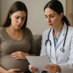 Tehotná žena so žiakom diskutuje o rizikách Lyme choroby.