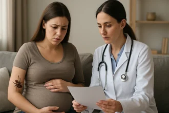 Tehotná žena so žiakom diskutuje o rizikách Lyme choroby.