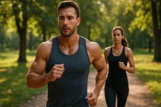 Muž a žena bežiaci v parku zameraní na aktívny život a zdravie svalov