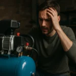 Muž kontroluje bezolejový kompresor, prejavuje frustráciu.