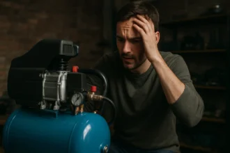 Muž kontroluje bezolejový kompresor, prejavuje frustráciu.