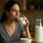 Žena vychutnáva kyselinu mliečnu v pohári, pri mlieku a tvarohu.