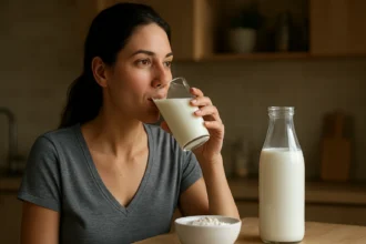 Žena vychutnáva kyselinu mliečnu v pohári, pri mlieku a tvarohu.