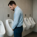 Muž používajúci bezvodný pisoár v modernom toalete.