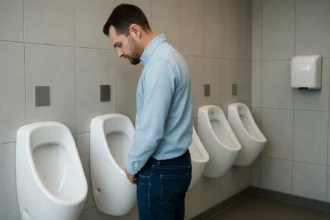 Muž používajúci bezvodný pisoár v modernom toalete.