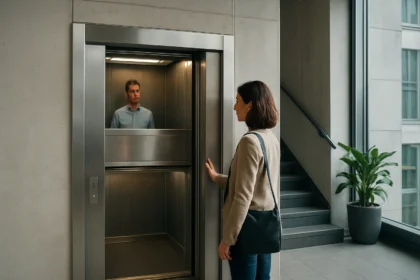 Žena čaká pri paternoster výťahu v modernom interiéri budovy.