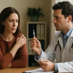 Žena diskutuje s lekárom o očkovaní proti chrípke.