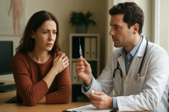 Žena diskutuje s lekárom o očkovaní proti chrípke.