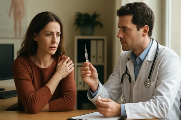 Žena diskutuje s lekárom o očkovaní proti chrípke.