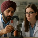 Dva vedci skúmajú magnetickú silu elektriny v laboratóriu