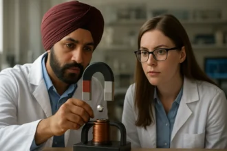 Dva vedci skúmajú magnetickú silu elektriny v laboratóriu