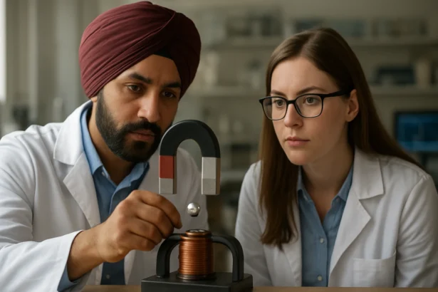 Dva vedci skúmajú magnetickú silu elektriny v laboratóriu