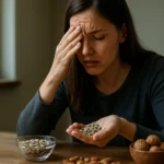 Žena s úzkosťou drží olejnaté semená, vedľa je olej a orechy.