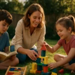 Deti sa hrajú s vzdelávacími hrami vonku na trávniku.