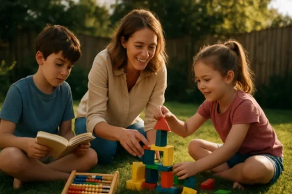 Deti sa hrajú s vzdelávacími hrami vonku na trávniku.