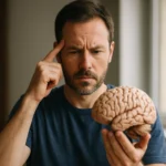 Muž skúma model mužského mozgu v zamyslení