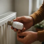 Muži nastavujúci rúrový termostat na radiátore pre efektívne kúrenie.