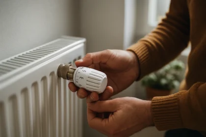 Muži nastavujúci rúrový termostat na radiátore pre efektívne kúrenie.