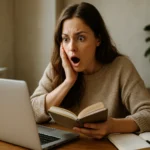 Prekvapená žena sa učí angličtinu s knihou a počítačom.