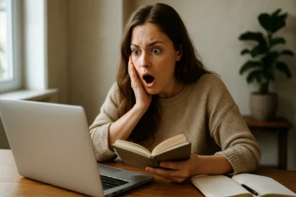 Prekvapená žena sa učí angličtinu s knihou a počítačom.