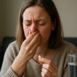 Žena s alergiami berie cetirizín na úľavu od príznakov.