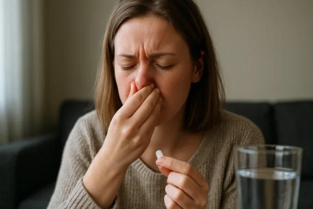 Žena s alergiami berie cetirizín na úľavu od príznakov.