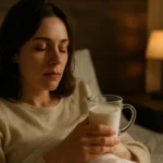 Žena s pohárom teplého mlieka pred spaním.