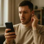 Muž počúva hudbu na mobilnom telefóne s bezdrôtovými slúchadlami