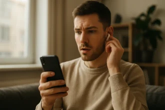 Muž počúva hudbu na mobilnom telefóne s bezdrôtovými slúchadlami