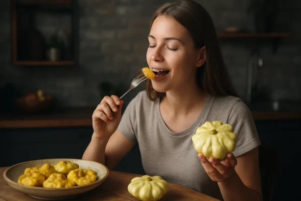 Žena s patizónom, ktorý si vychutnáva zdravé jedlo.