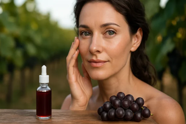 Žena používa vínny extrakt na pleť, vedľa sú hroznové bobule.